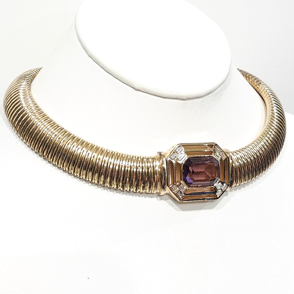 Vintage Dior Amethyst Purple Crystal Gold Omega Chain Necklace Germany - Picture 5 of 16